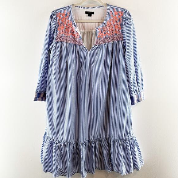 J. Crew Leda Popover Embroidered Striped 3/4 Sleeve Cotton Mini Dress Blue Small - Picture 1 of 9